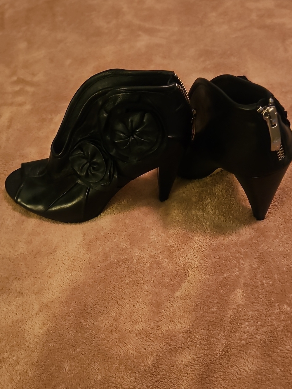 Vince Camuto Black Peep-Toe Heel Booties with Floral Rosettes